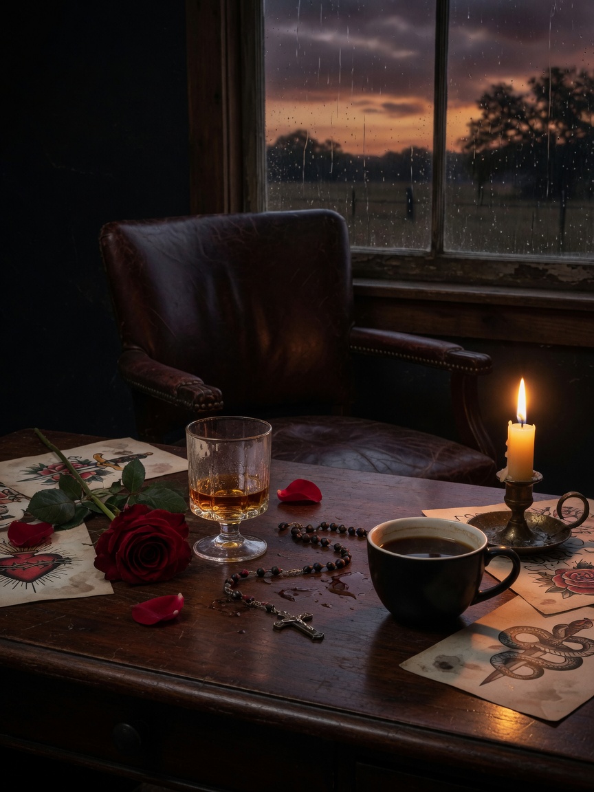 Atmospheric still life standing in for an author portrait